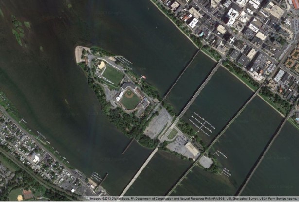 Overhead image from Google Maps showing Harrisburg's unique Metro Bank Park on City Island